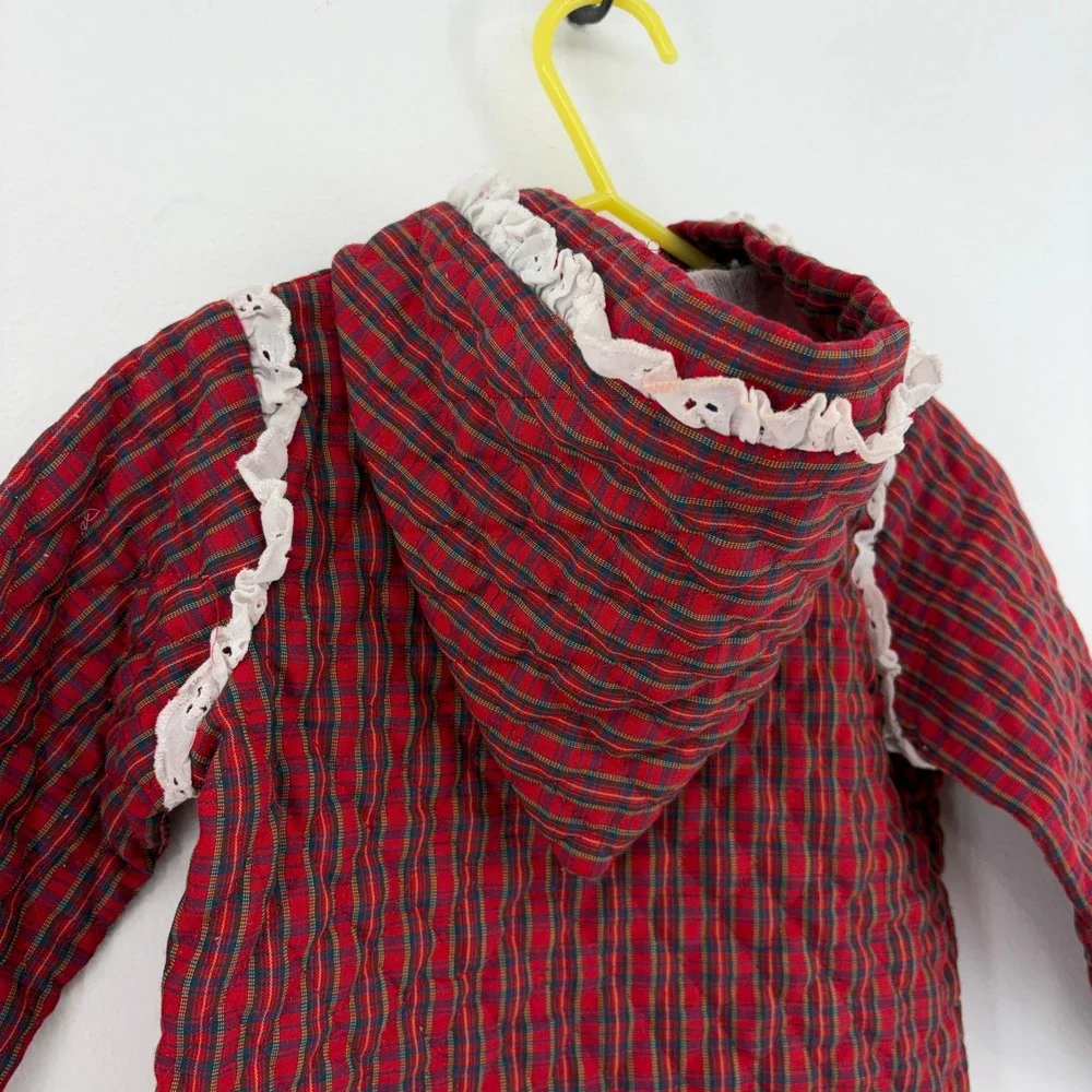 Vintage Doe-Spun Toddler Girls Red Plaid Quilted Hooded Jacket Lace Trim 24M
